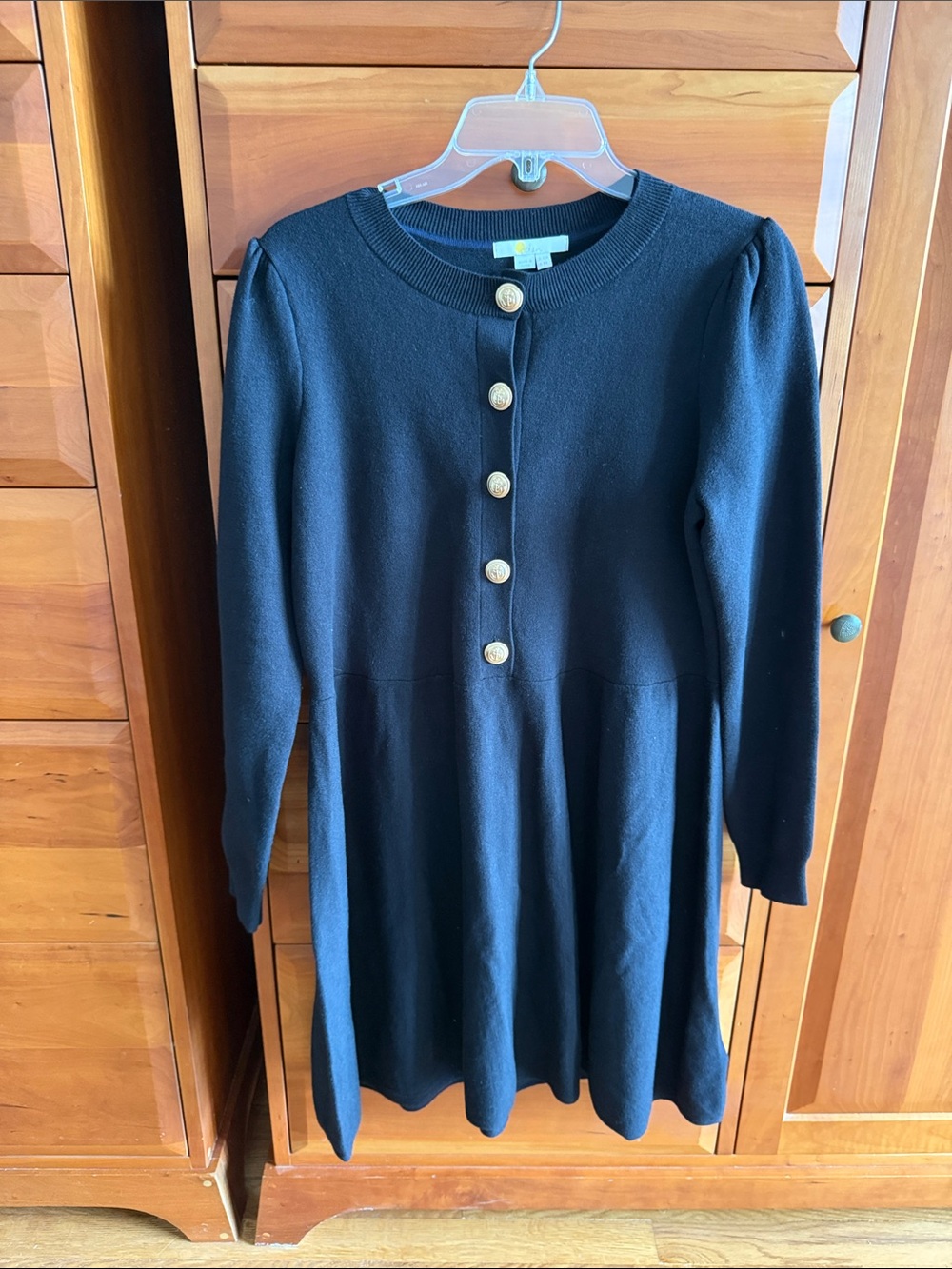 Boden Black Knit Midi Dress with Gold Buttons, cotton/wool blend size 8R